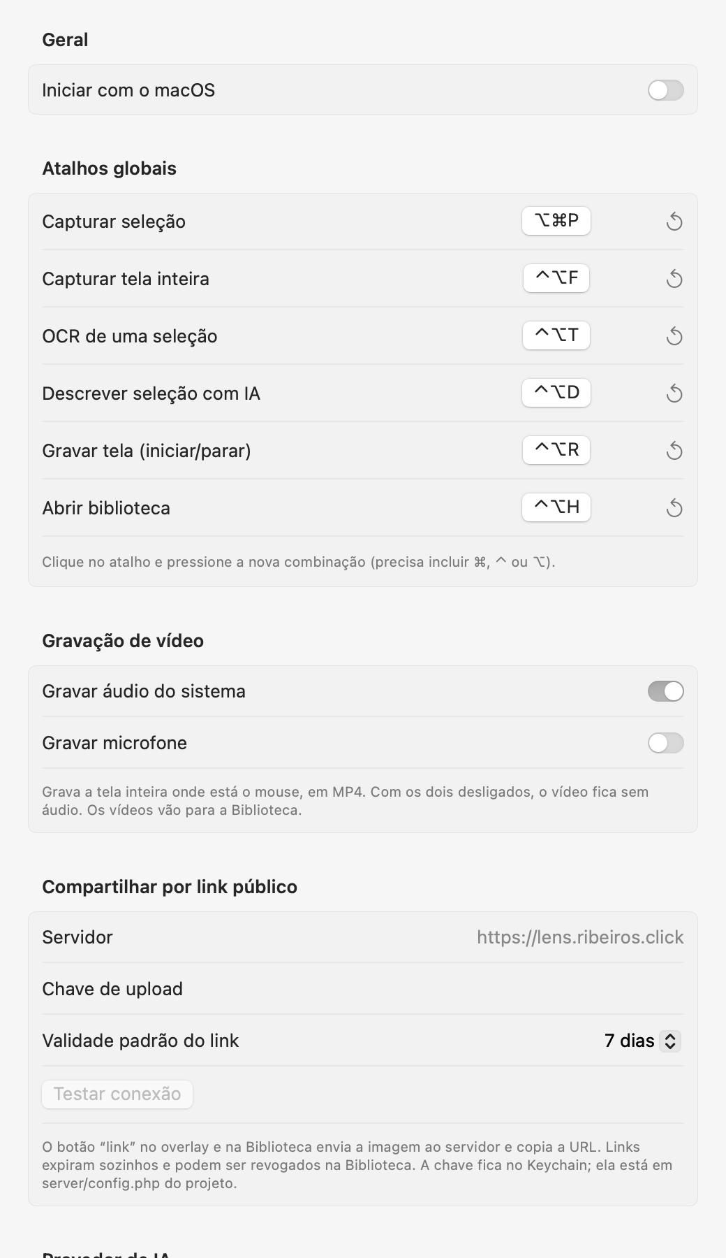 Janela de Ajustes com atalhos, compartilhamento e provedores de IA